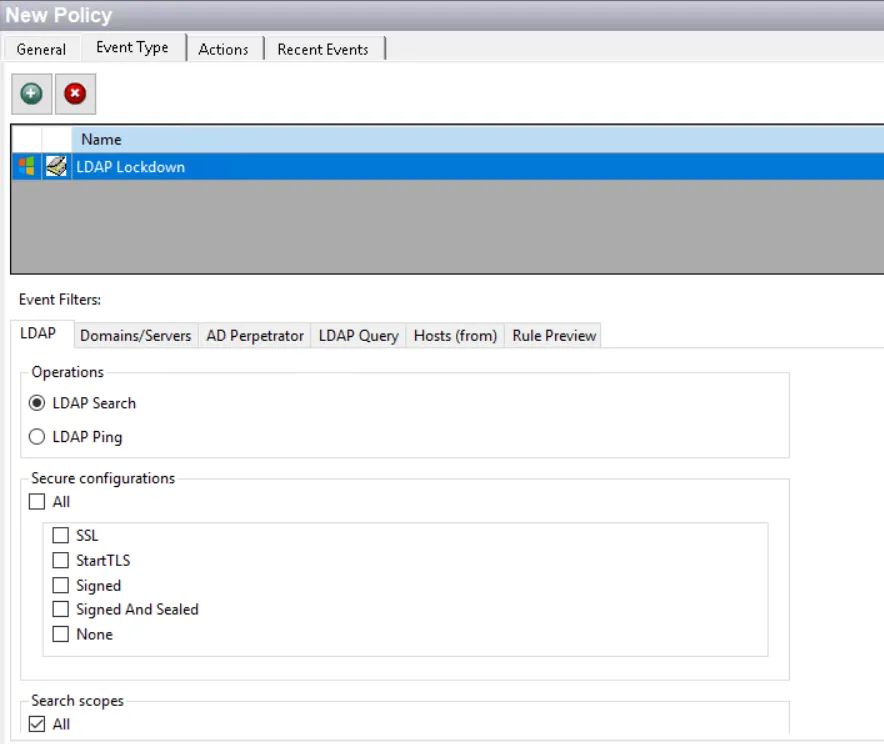 Policy window - LDAP Lockdown Event Type