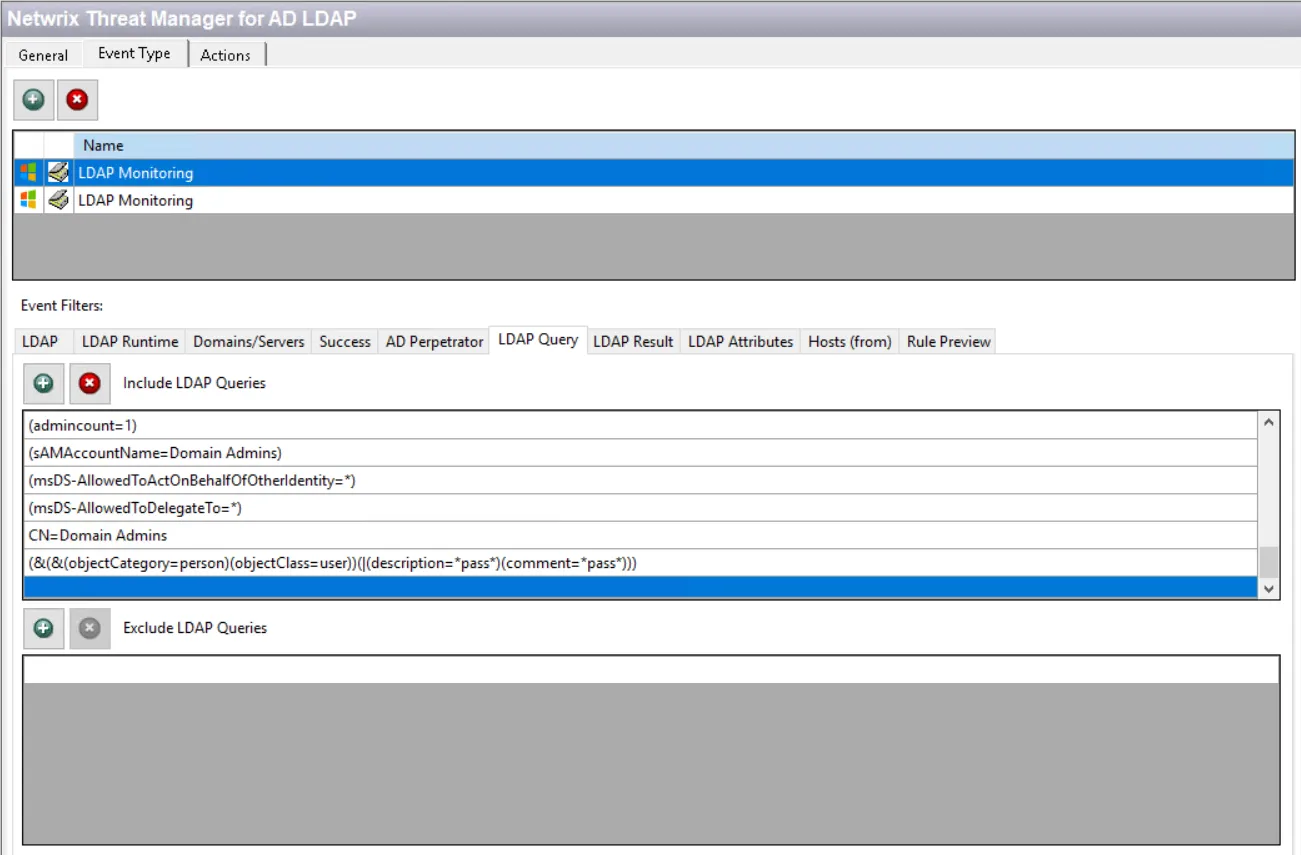 Netwrix Threat Manager for AD LDAP template – Event Type tab with LDAP Query filter