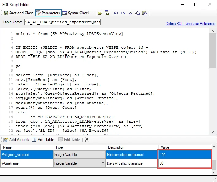Largest Queries analysis task in the SQL Script Editor