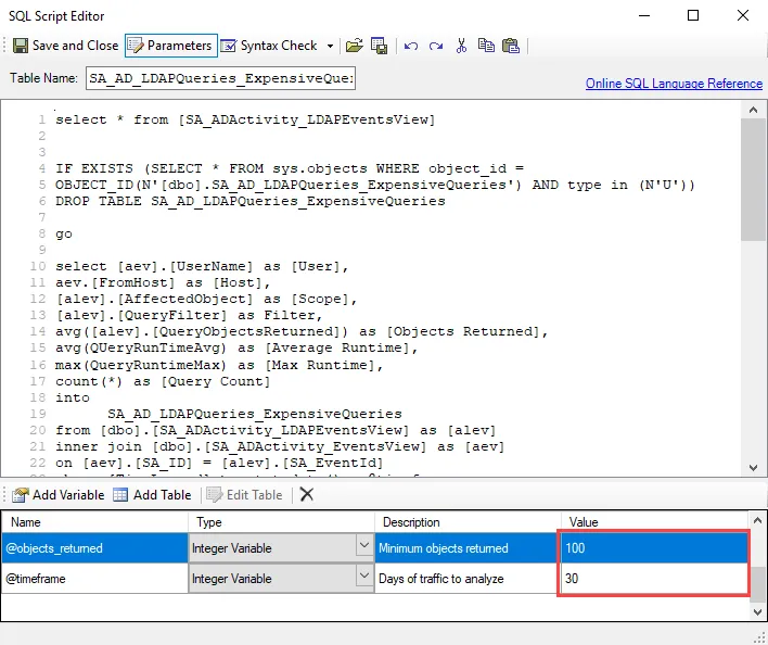 Largest Queries analysis task in the SQL Script Editor