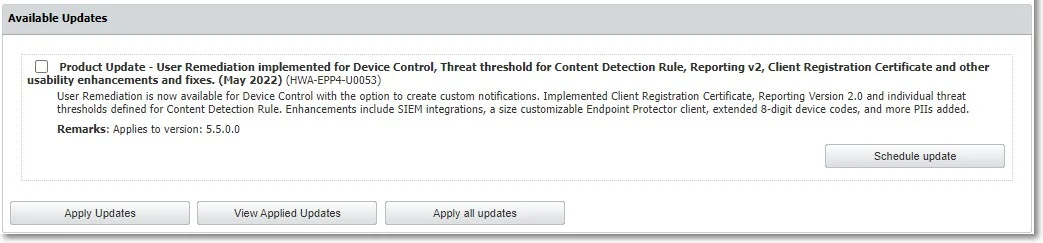 Available EPP Server updates screen with options to apply, apply all, or schedule an update