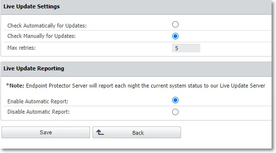 Configure Live Update dialog for setting manual or automatic update checks, retry count, and Automatic Reporting