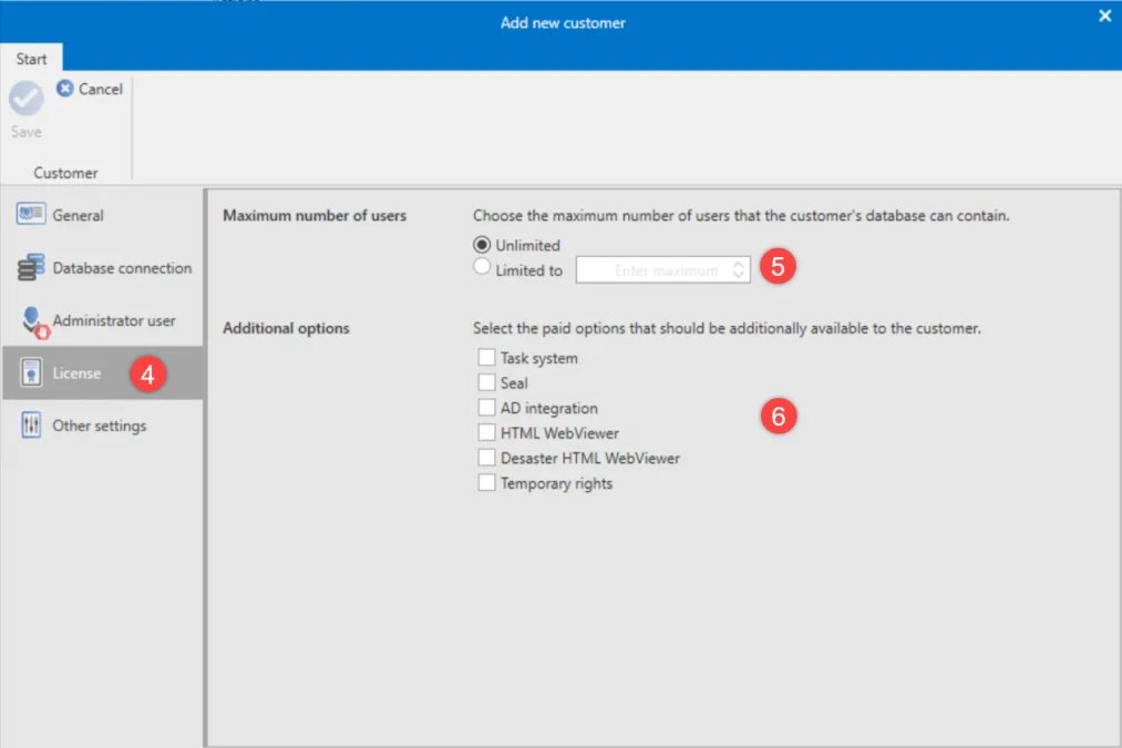 License settings new customer