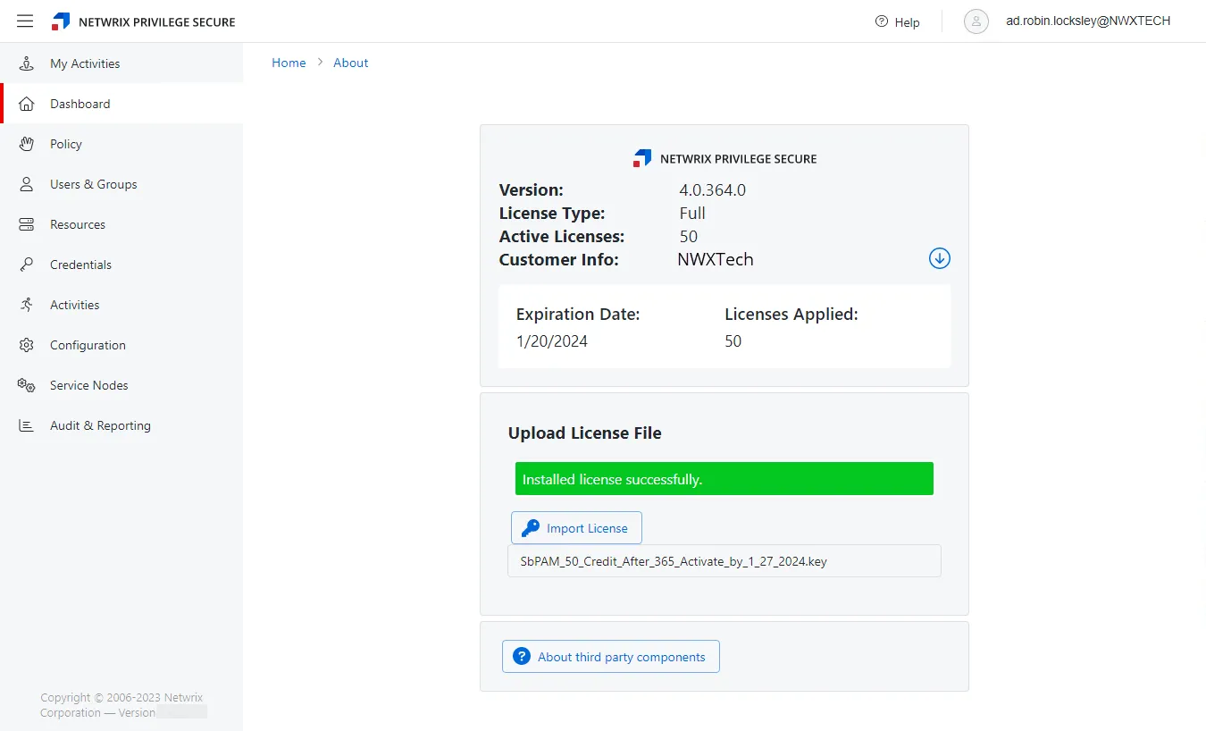 About page showing successful upload of a license