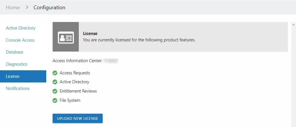 Configuration interface showing the License page with unlicensed features