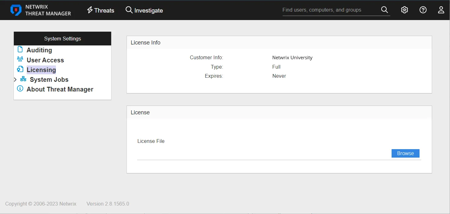 System Settings interfaces on the Licensing page