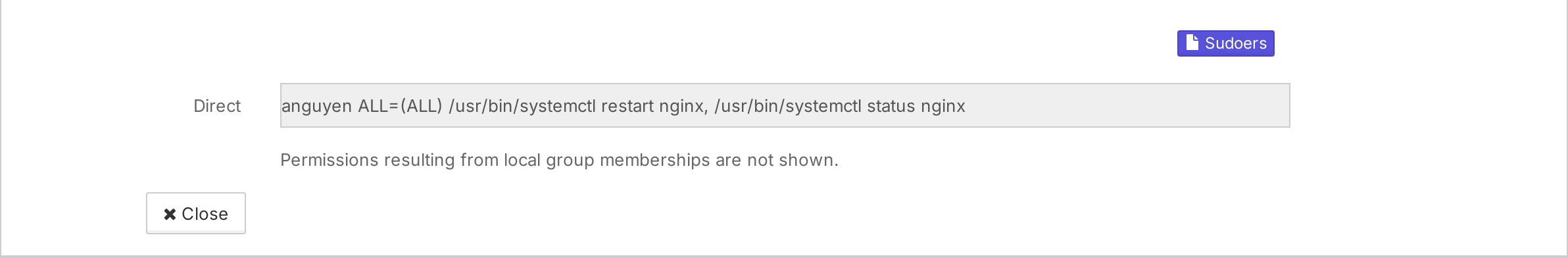 The Sudo permissions view of one account, with its direct rules