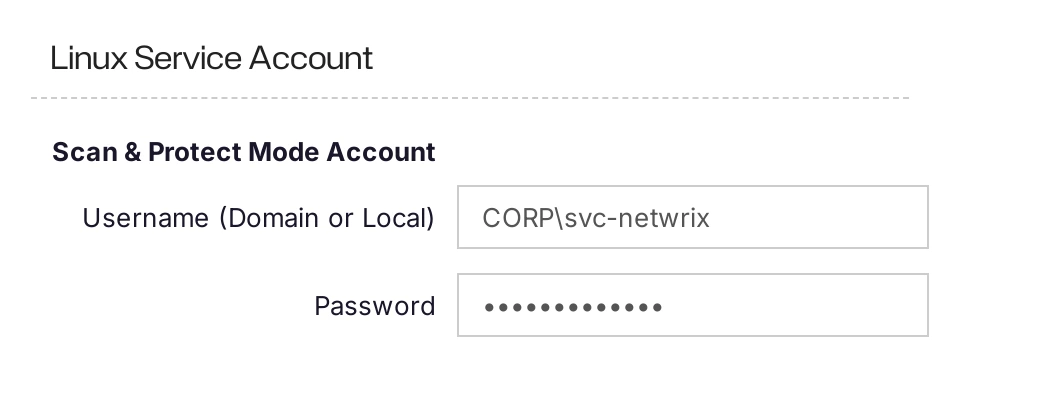 The Linux Service Account section of a domain, with Username and Password fields