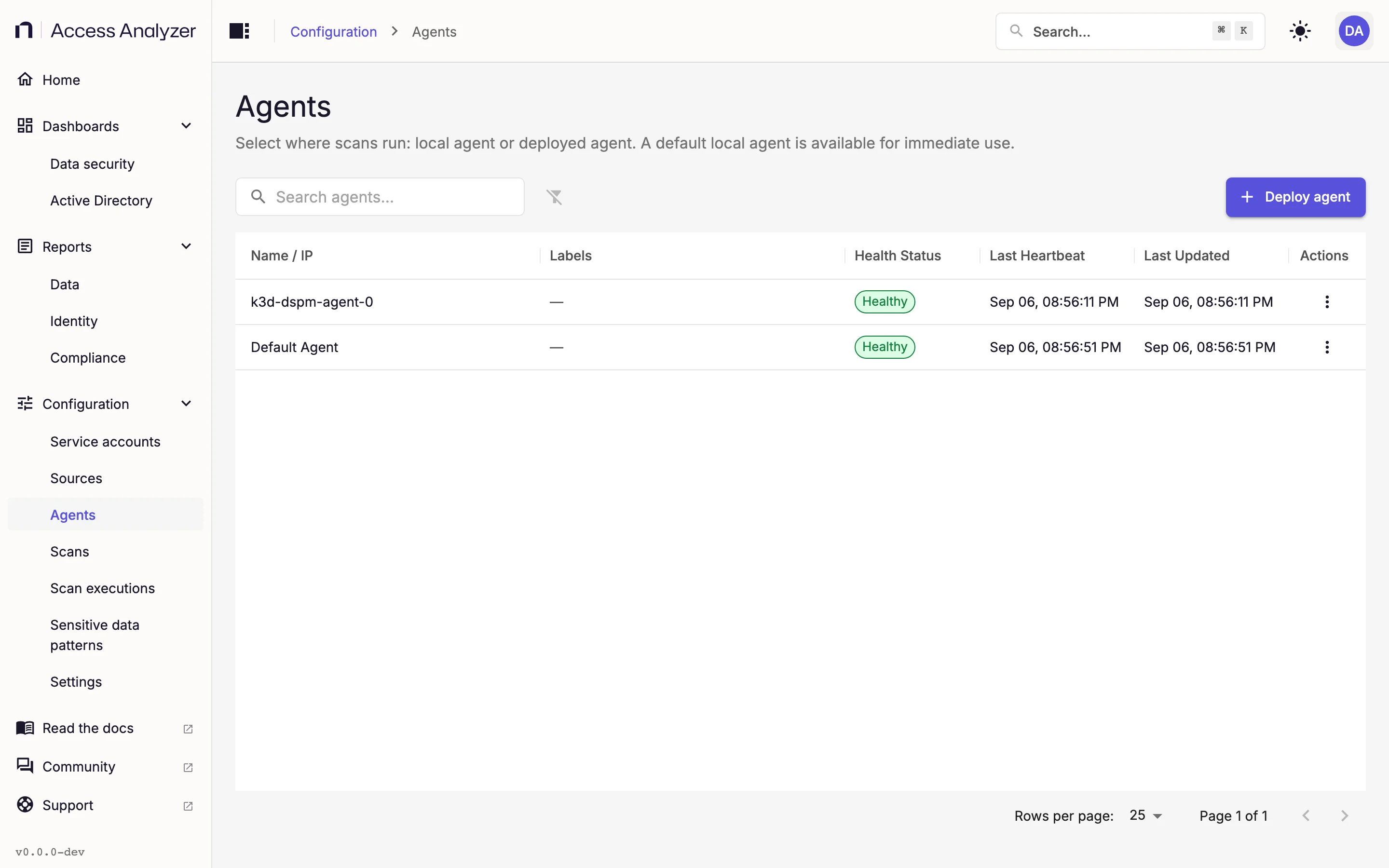 Agents list with Name, Health Status, Last Heartbeat, and Labels columns