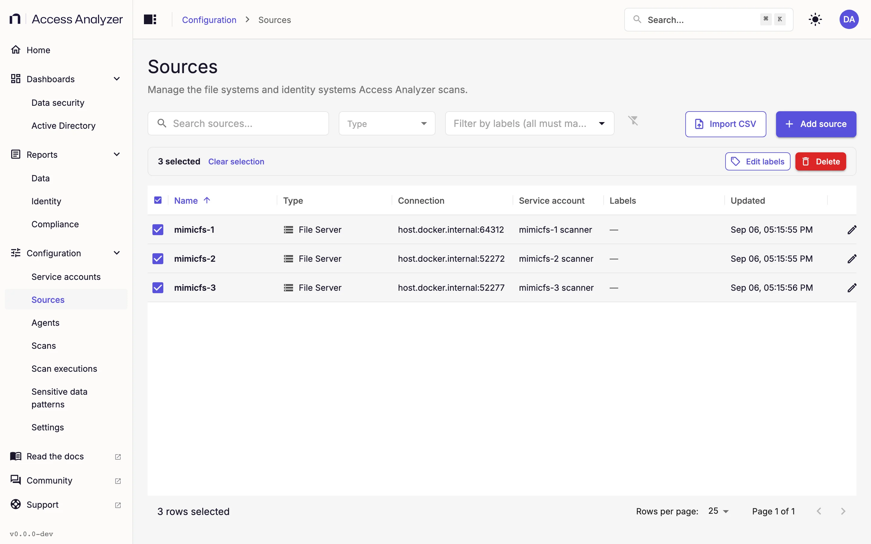 Sources list with a selected row