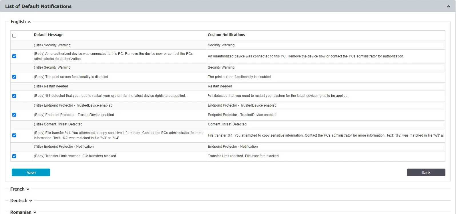 Enable/disable a message from the list of Default Noti�ﬁcations or edit the custom notiﬁcations translations