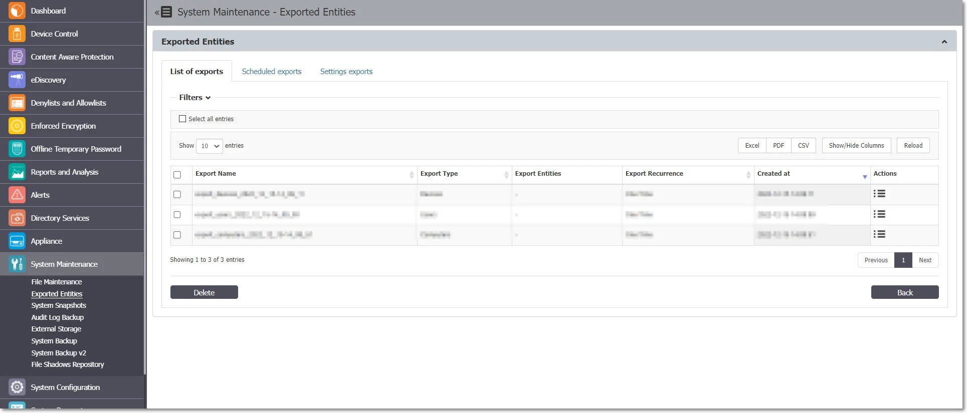 View the list of exported entities, download or delete them, and view the scheduled export in the system and reschedule them accordingly