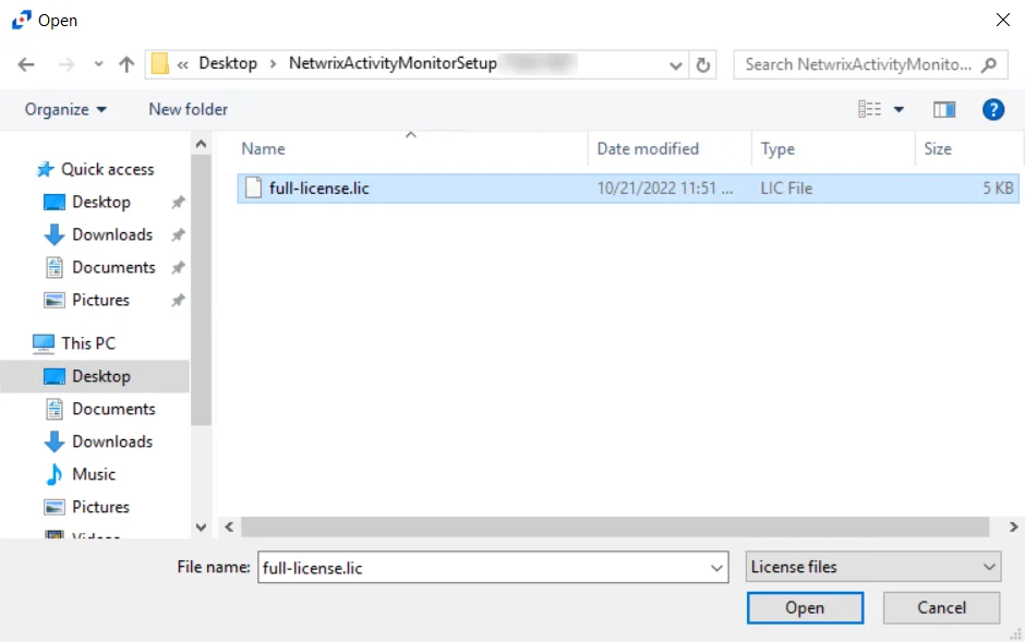 Open Dialog Box to load New License File