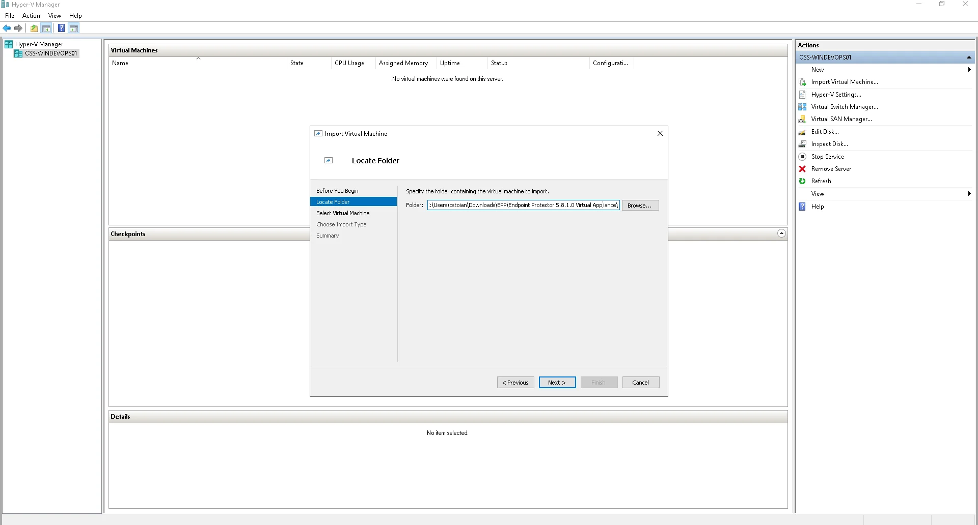 Specifying the Folder containg the VM import