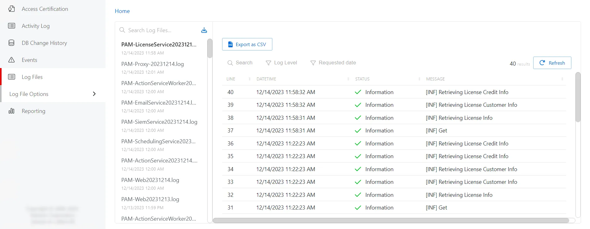 Audit and Reporting Log Files Page