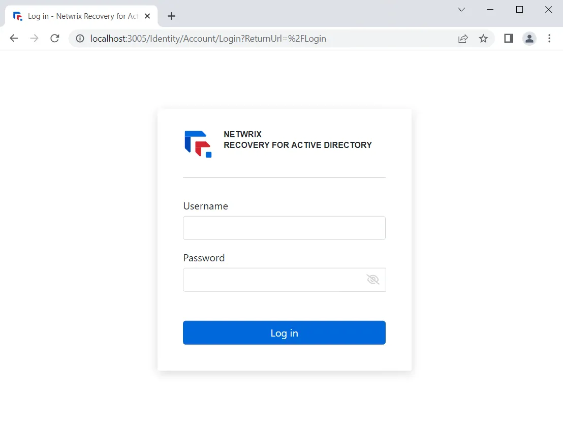 Recovery for Active Directory - Login page