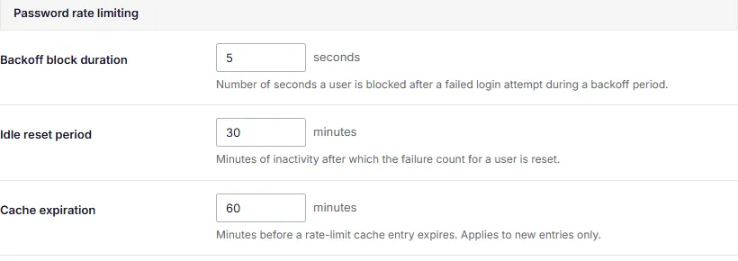 A screenshot of the password rate limiting fields, showing the backoff block duration and idle reset period settings.