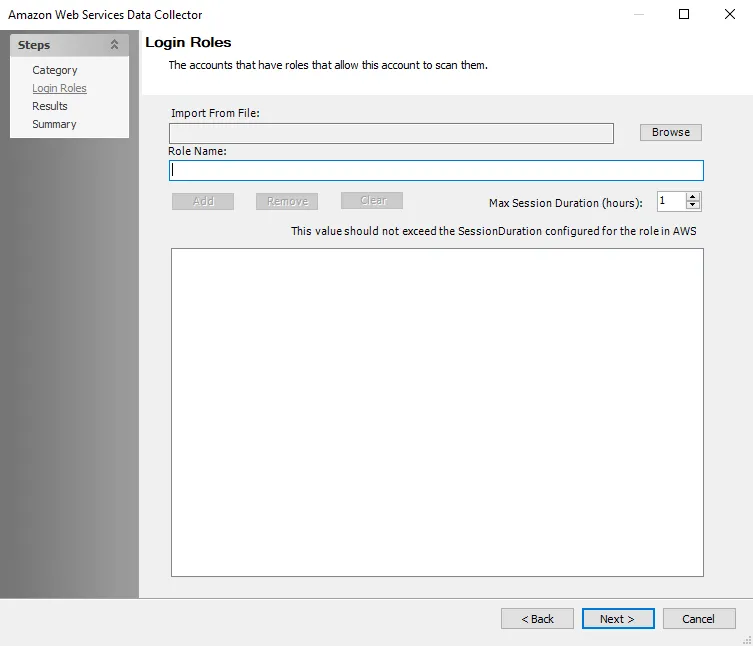 AWS Data Collector Login Roles wizard page