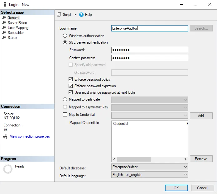 SQL Server Management Studio new login with SQL Server authentication