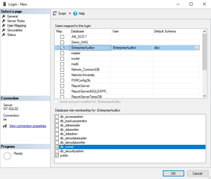 SQL Server Management Studio New Login User Mapping