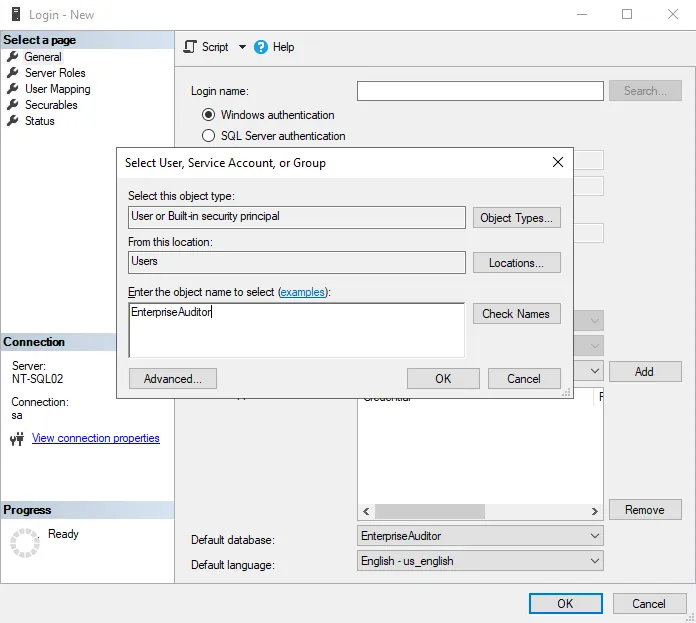 SQL Server Management Studio new login with Windows authentication