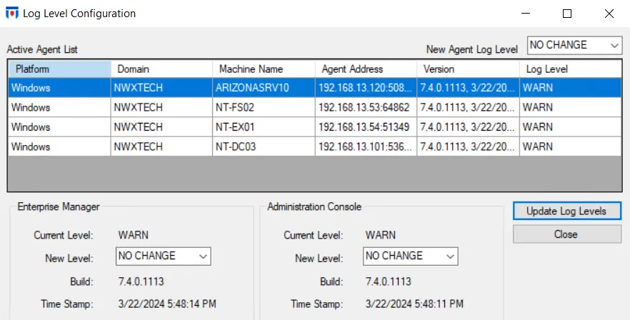 Log Level Configuration Window