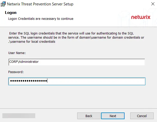 Threat Prevention Server Setup wizard – Logon page