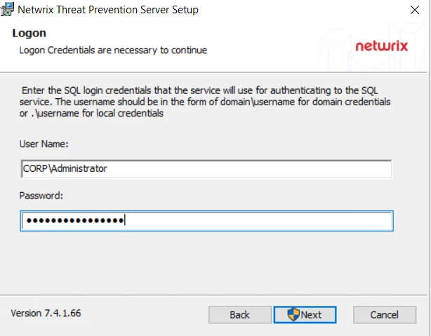Threat Prevention Server Setup wizard – Logon page