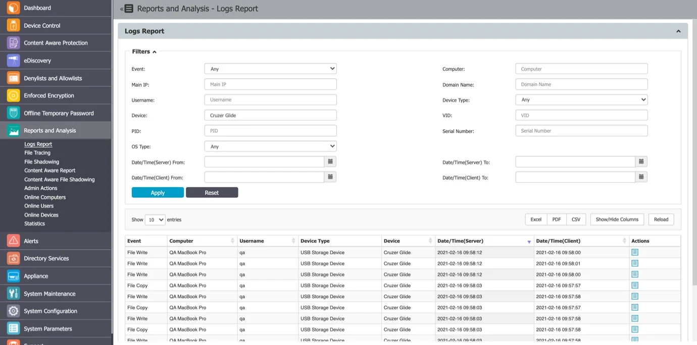 Displays the Logs Report page ﬁltered for the respective user