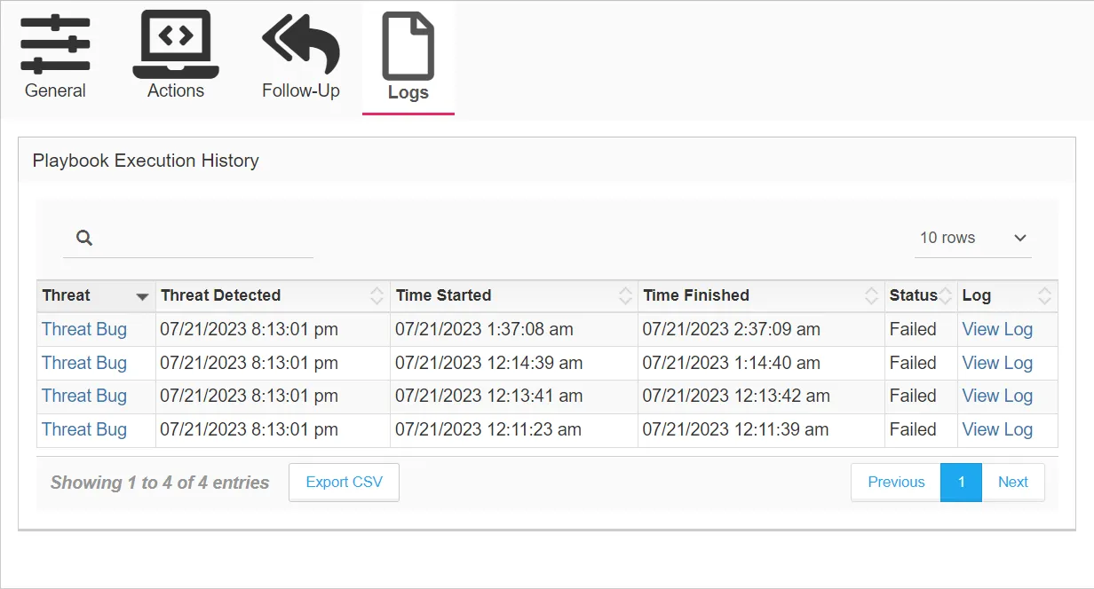 This screenshot displays the Logs tab on the Threat Response page.