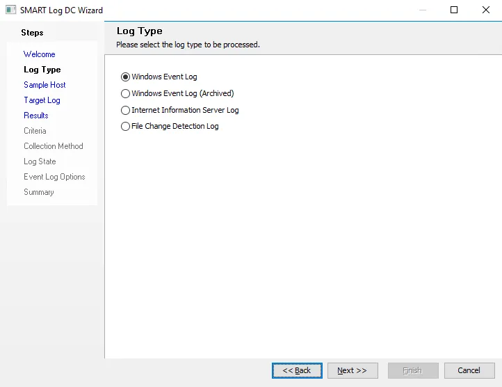 SMART Log DC Wizard Log Type page