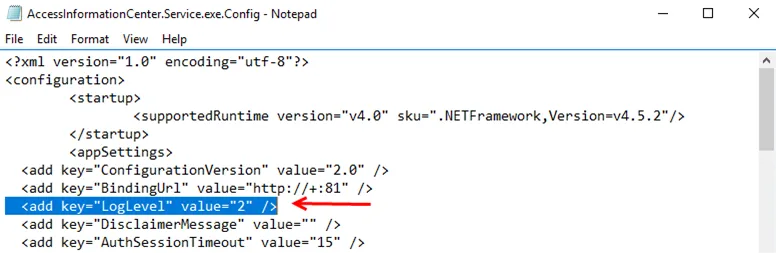 AccessInformationCenter.Service.exe.Config file in Notepad
