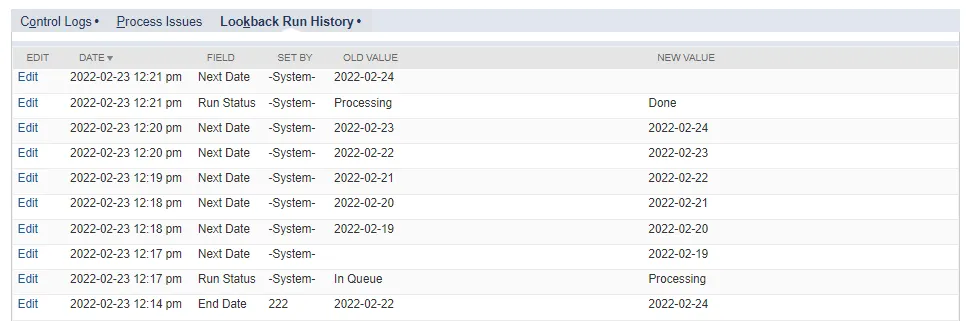 View the Lookback Run history.
