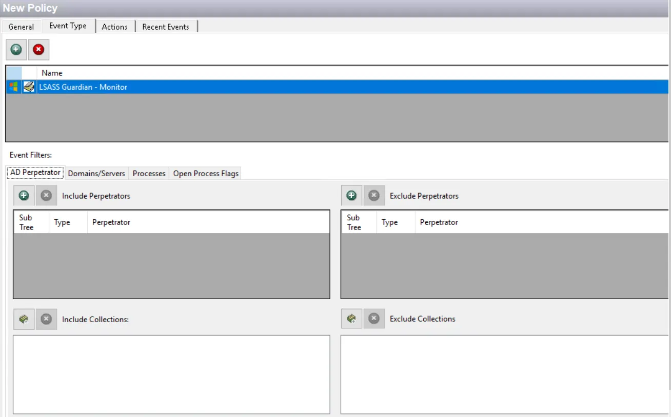 Policy window - LSASS Guardian – Monitor Event Type