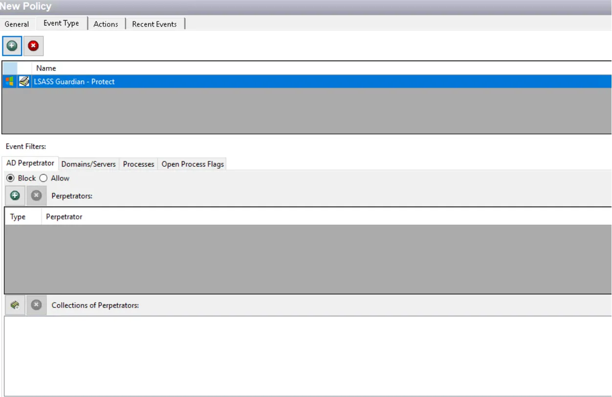 Policy window - LSASS Guardian – Protect Event Type