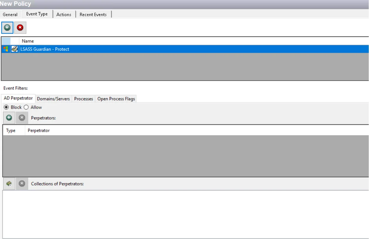 Policy window - LSASS Guardian – Protect Event Type