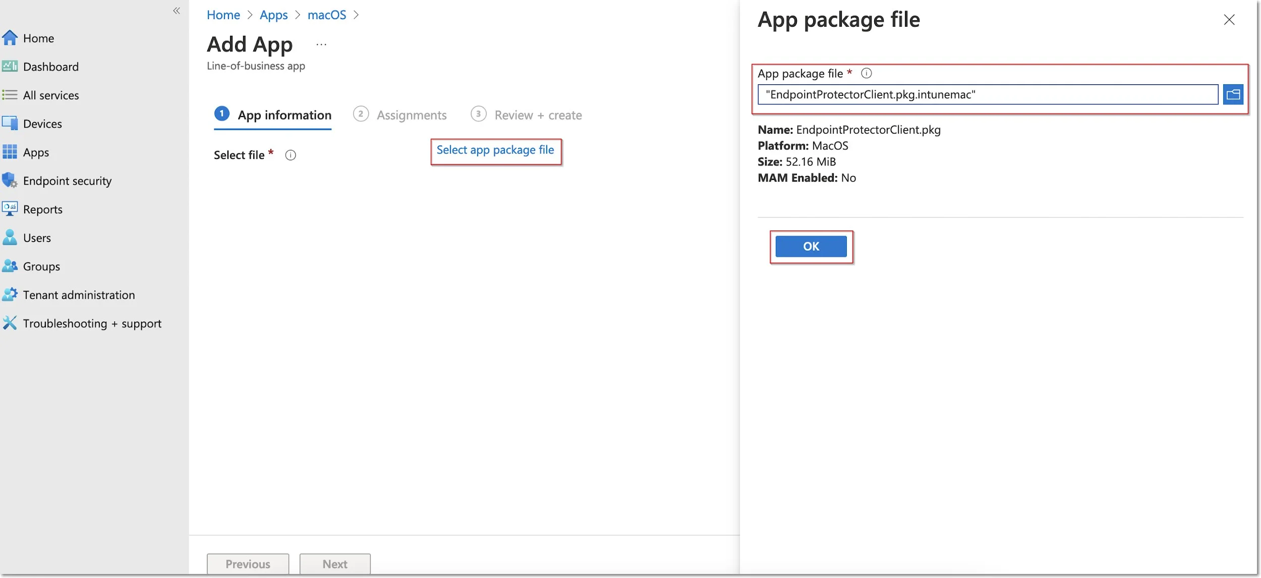 Information about the app package file