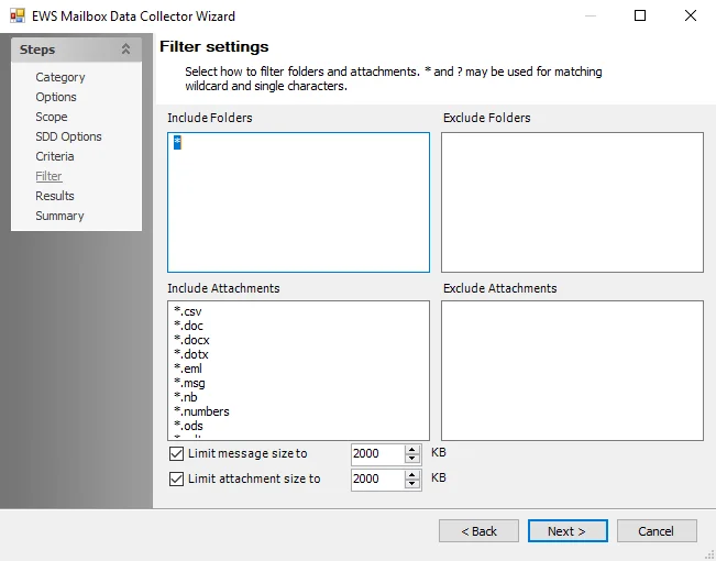 EWS Mailbox Data Collector Wizard Filter page