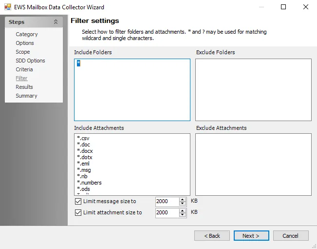 EWS Mailbox Data Collector Wizard Filter page
