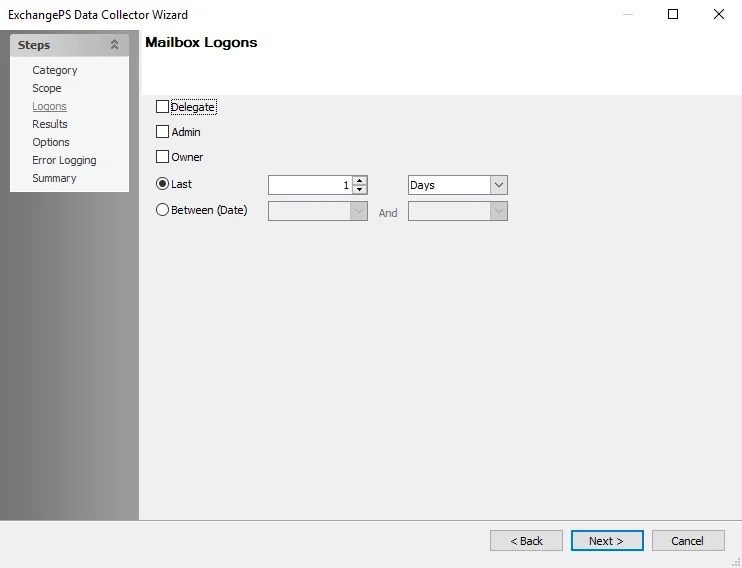 ExchangePS Data Collector Wizard Mailbox Logons page