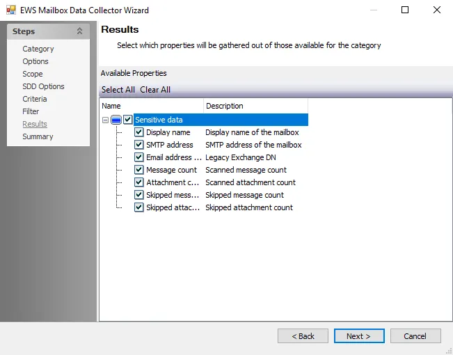 EWS Mailbox Data Collector Wizard Results page