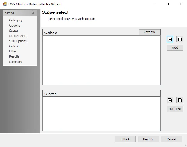 EWS Mailbox Data Collector Wizard Scope select page