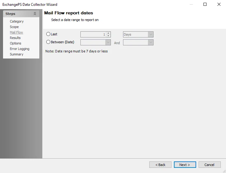 ExchangePS Data Collector Wizard Mail Flow page