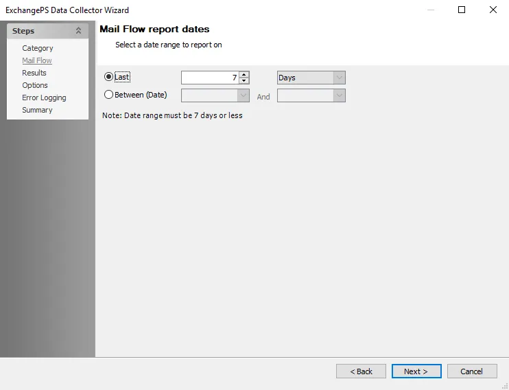 ExchangePS Data Collector Wizard Mail Flow page