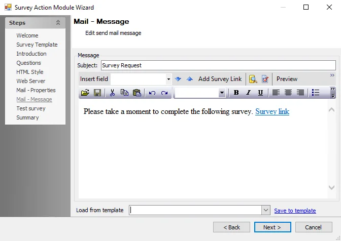Survey Action Module Wizard Mail – Message page
