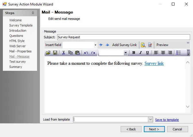 Survey Action Module Wizard Mail – Message page