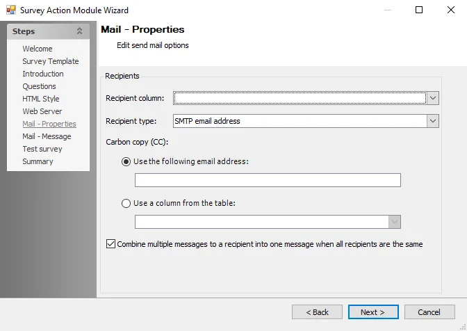 Survey Action Module Wizard Mail – Properties page