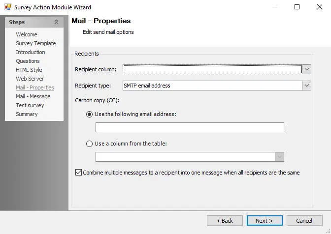 Survey Action Module Wizard Mail – Properties page