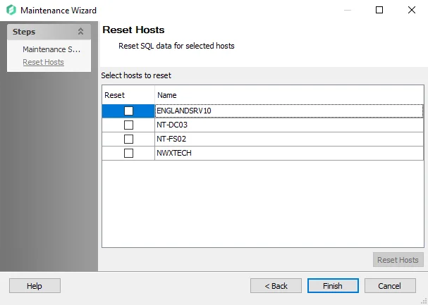 Maintenance Wizard Reset Hosts page
