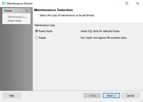 Maintenance Wizard Maintenance Selection page